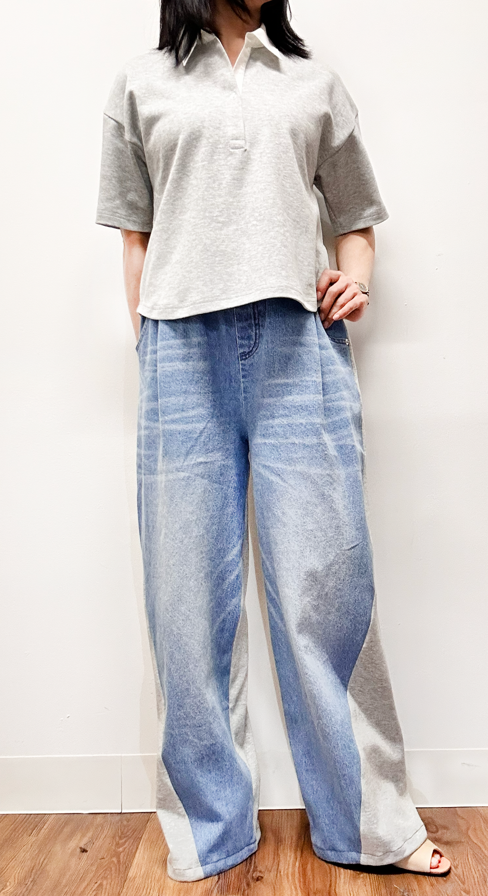 📸デニム×スムースカットソー切替２WAYパンツ