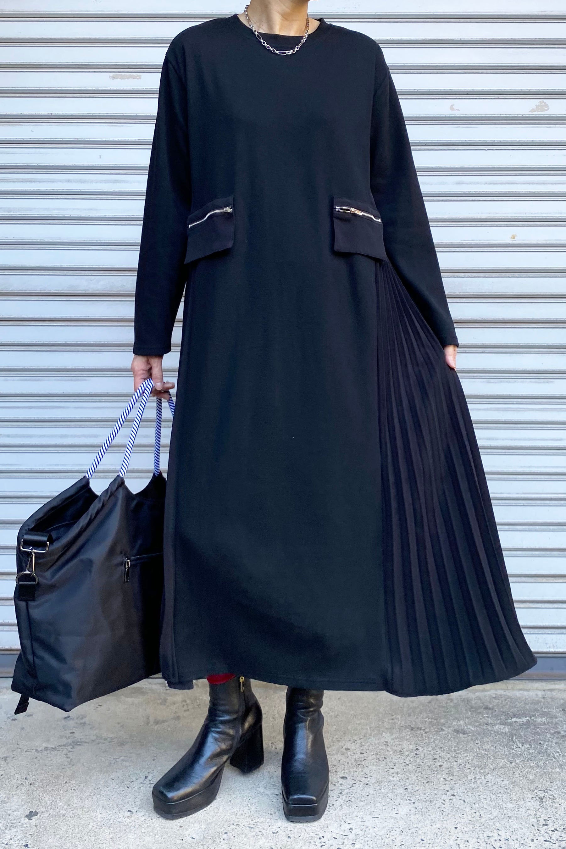 サイドプリーツ切替カットソーワンピース