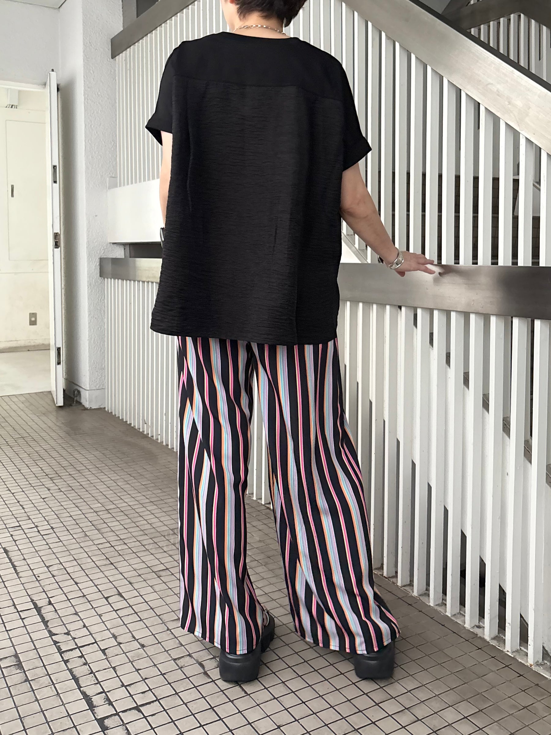 マルチストライプダブルウエストタックパンツ