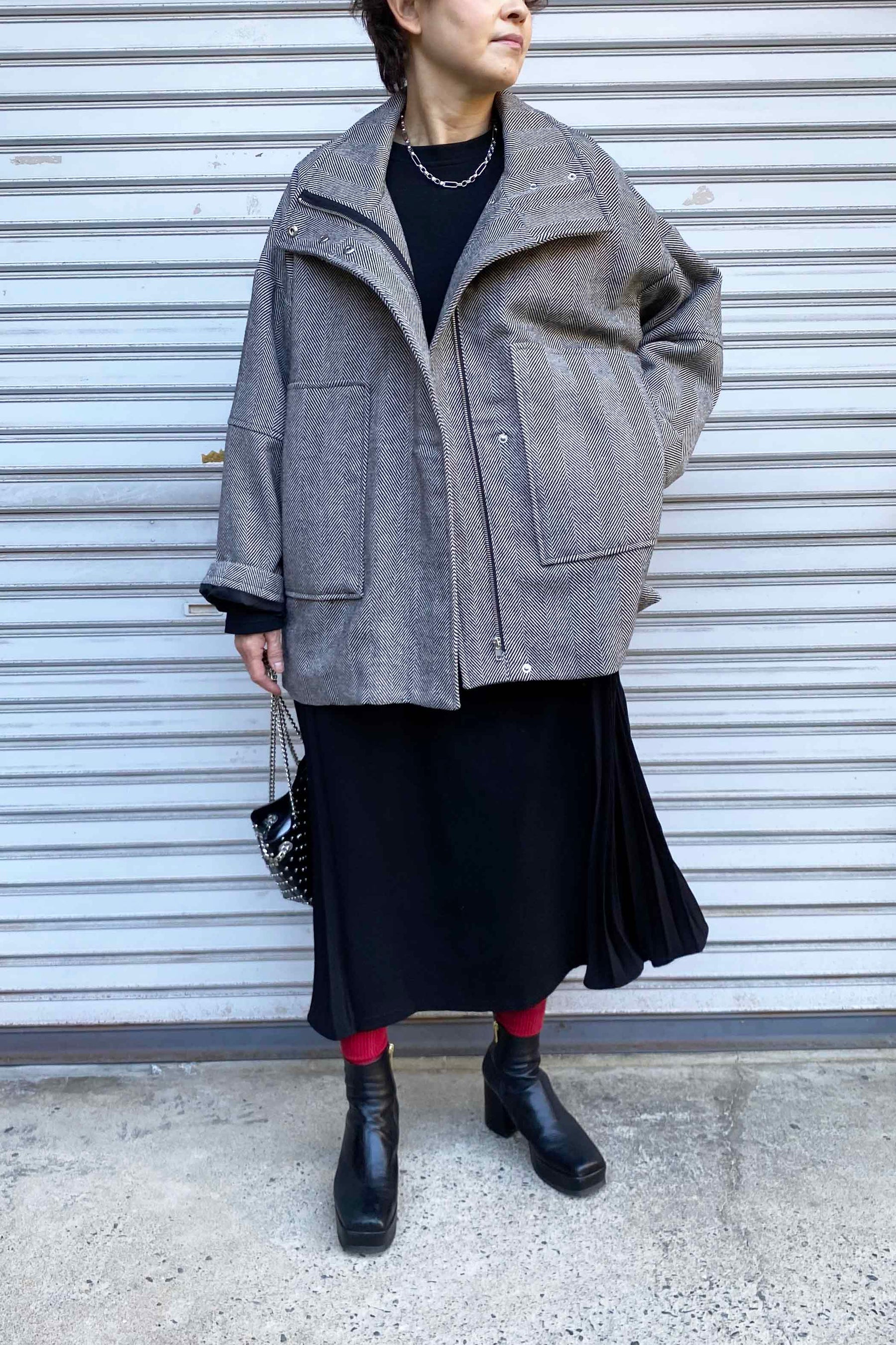 ヘリンボーンツイードハーフコート