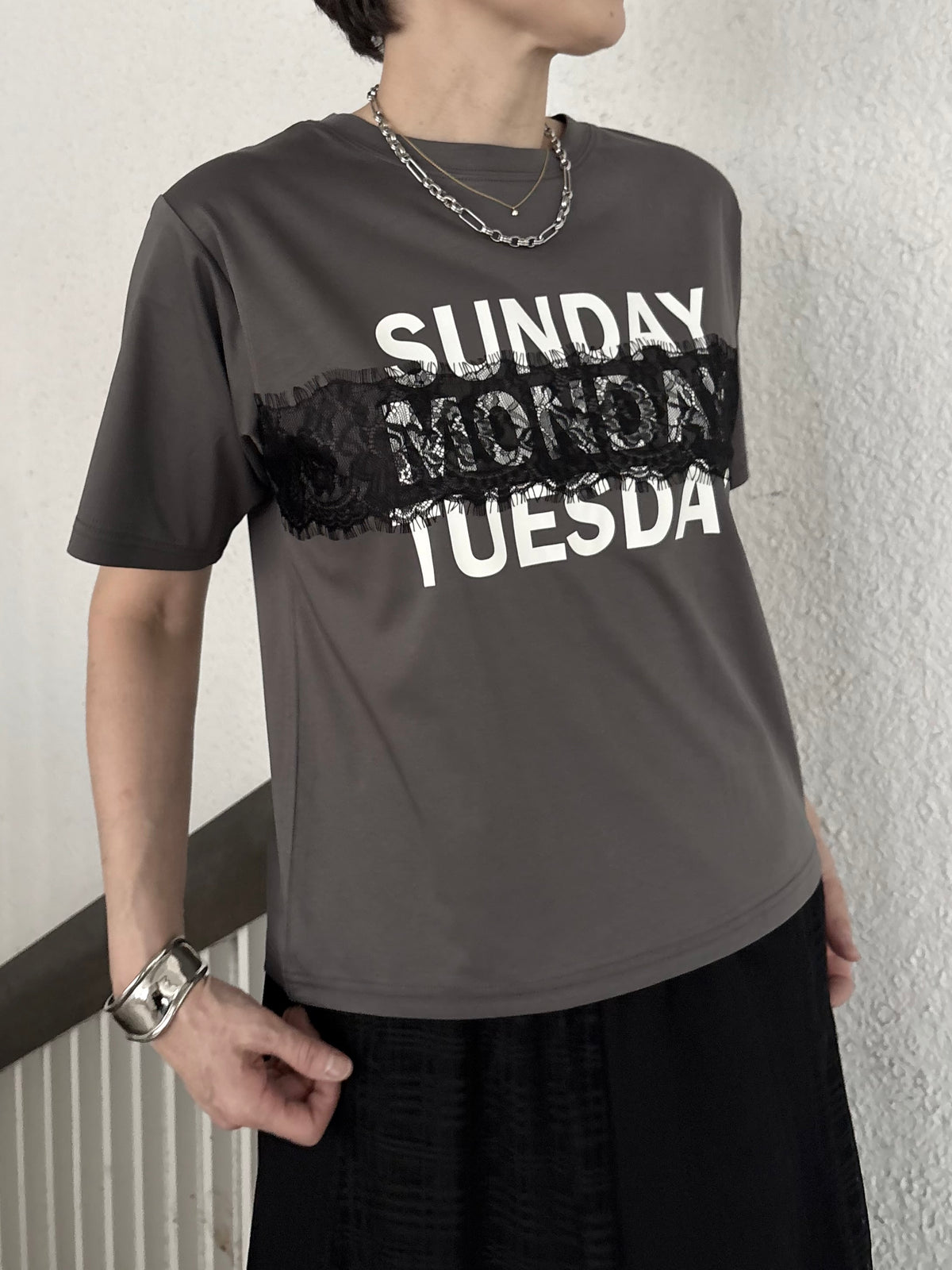 レース×シルケットロゴTシャツ