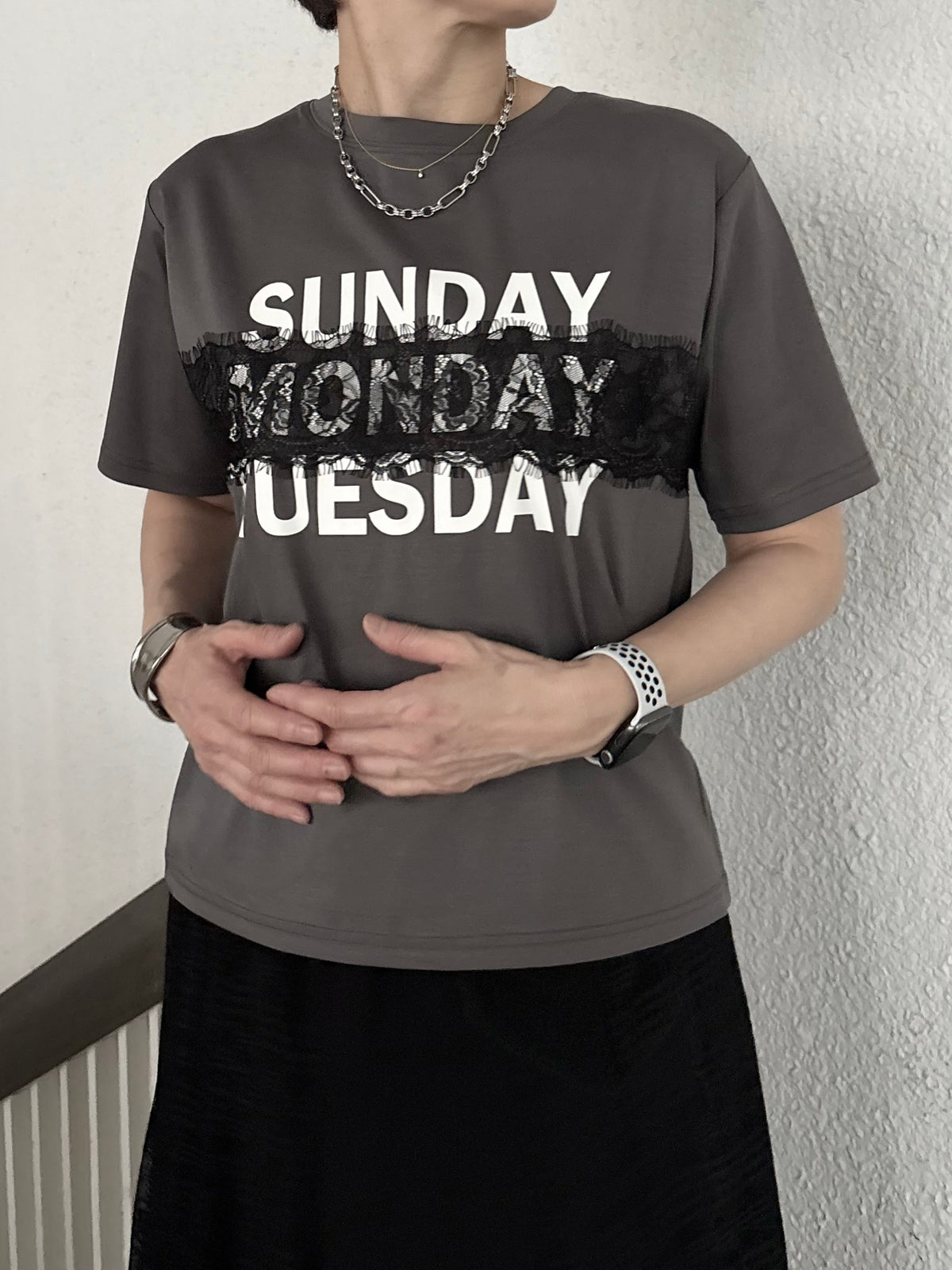 レース×シルケットロゴTシャツ