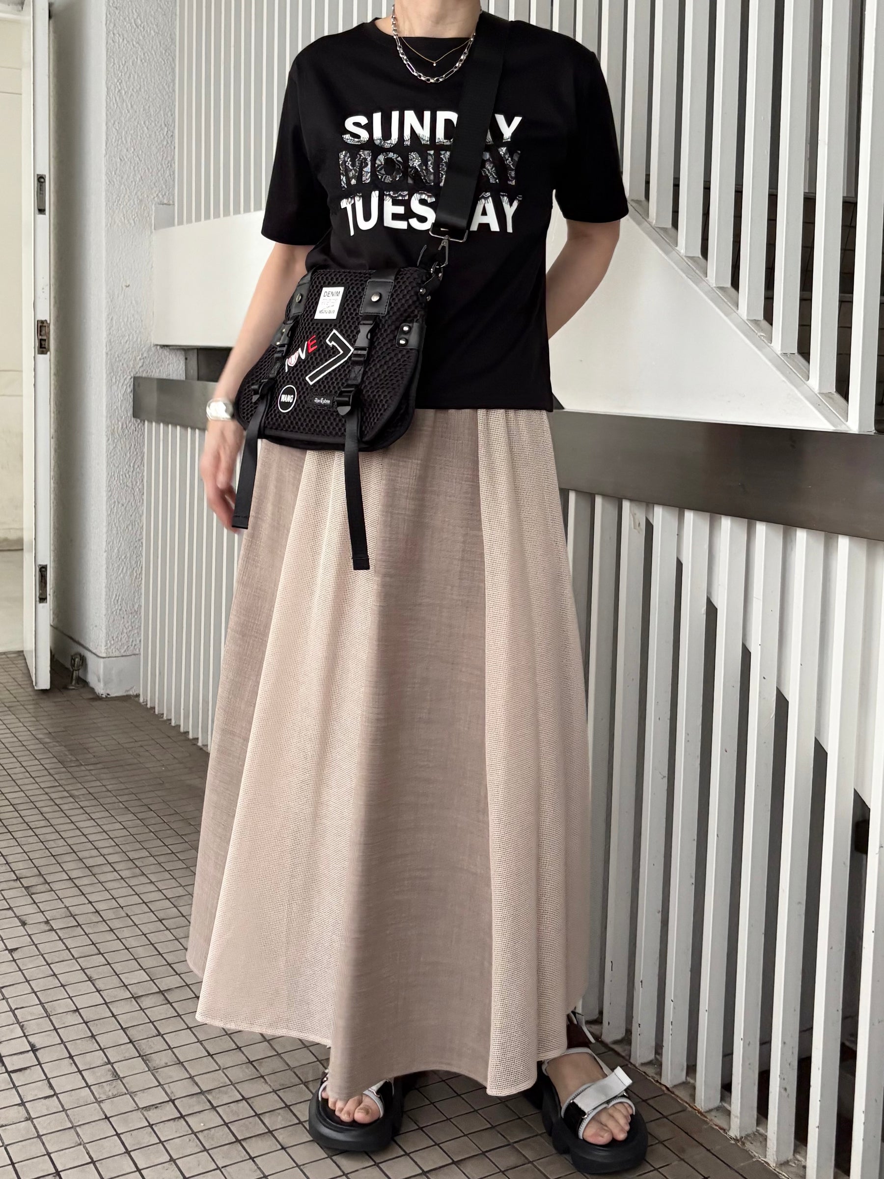 麻タッチ×メッシュ切替スカート