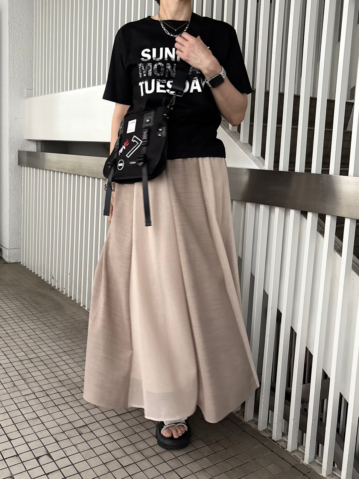 麻タッチ×メッシュ切替スカート