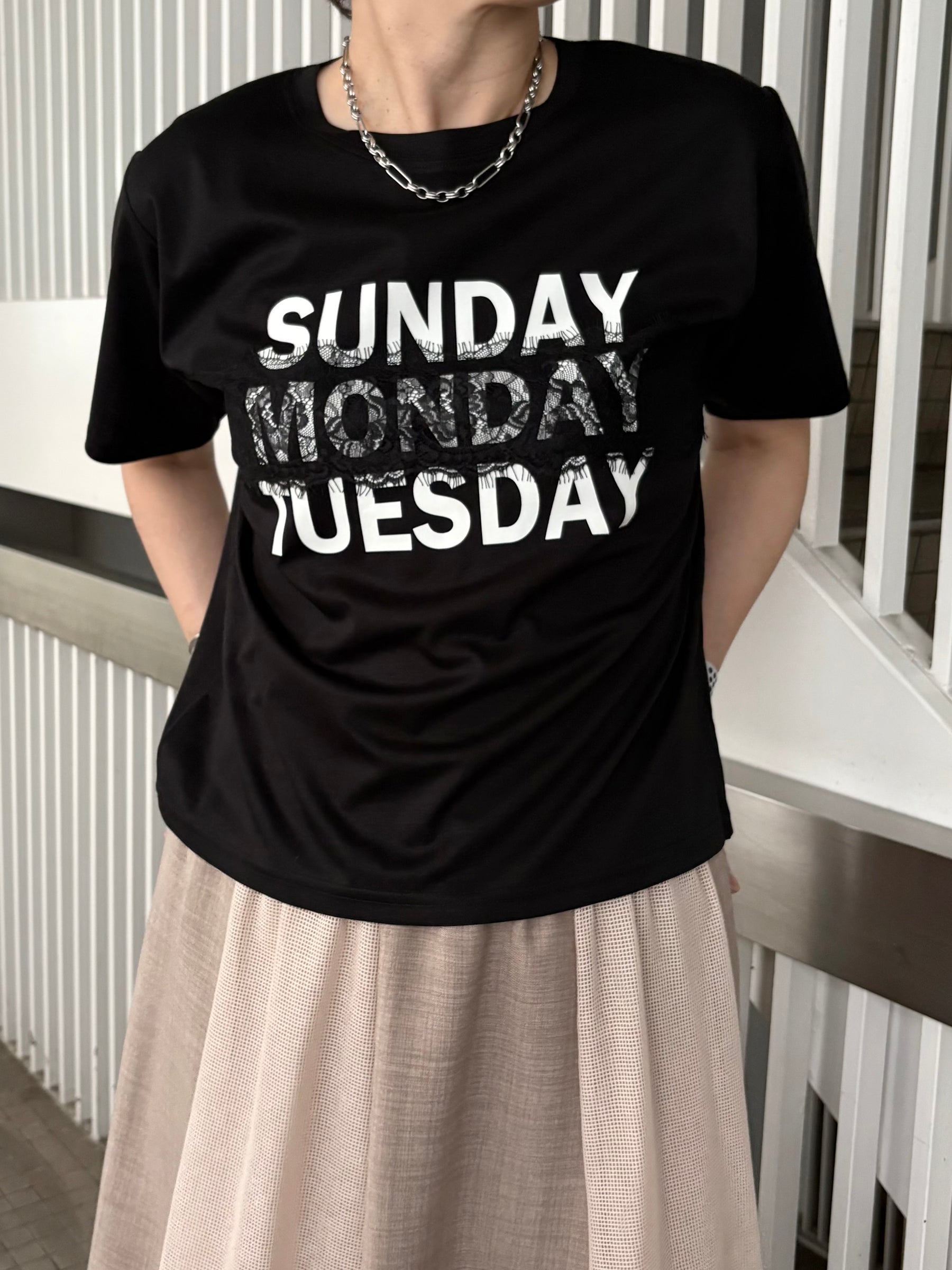 レース×シルケットロゴTシャツ