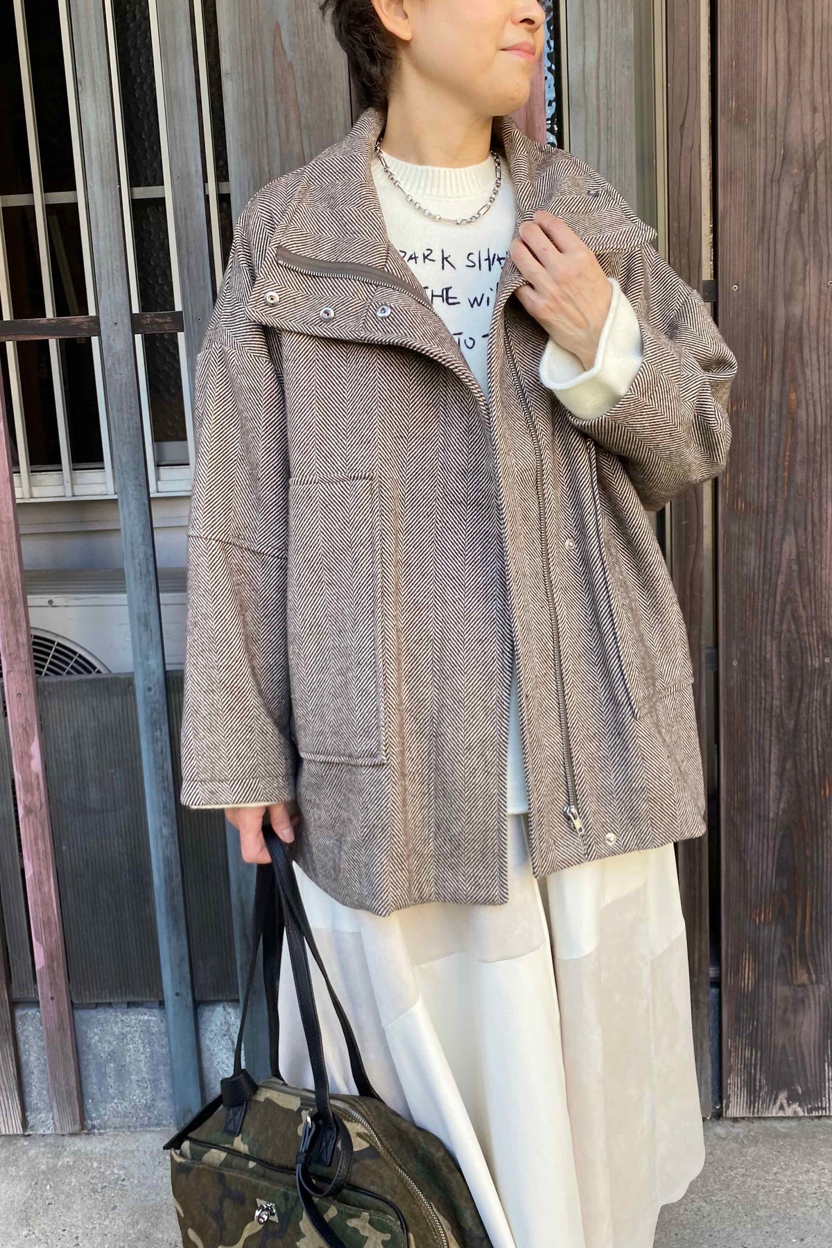 ヘリンボーンツイードハーフコート