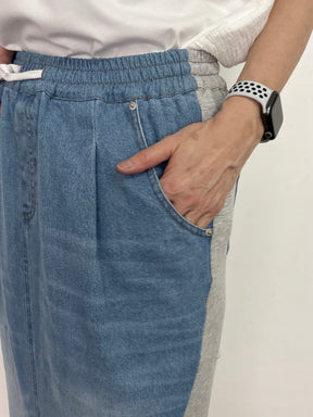 デニム×スムースカットソー切替タイトスカート