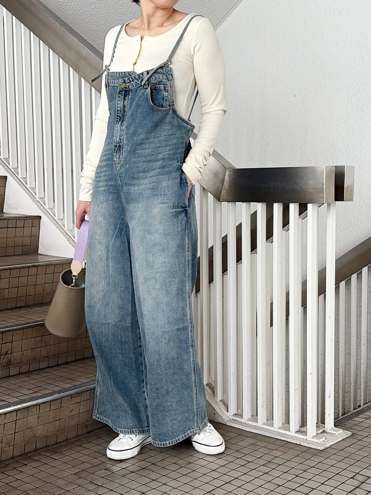 フロントアシンメトリーデニムオールインワン