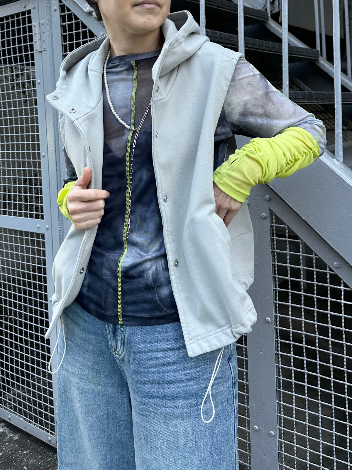 袖口配色プリントチュールTOPS