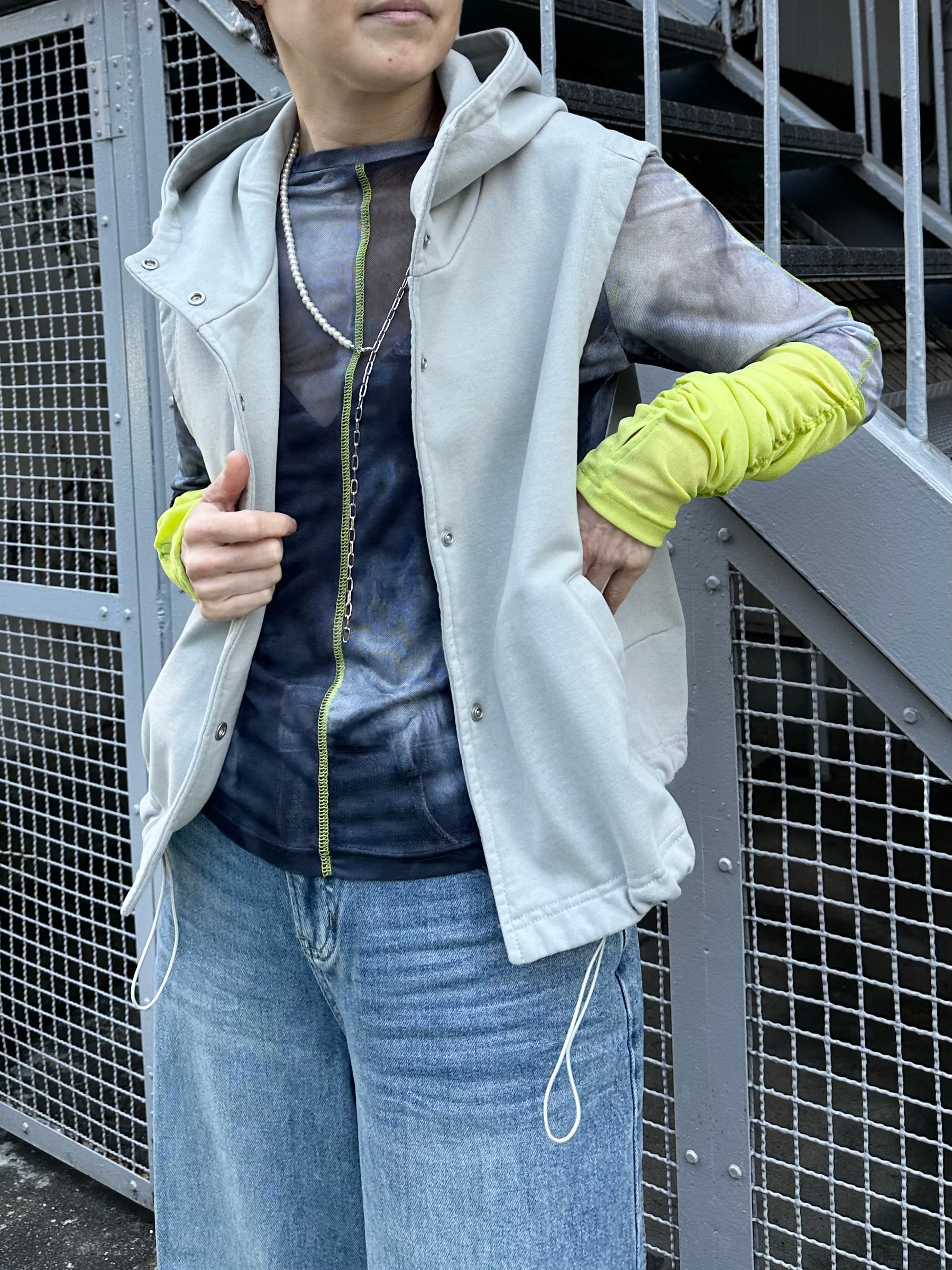 袖口配色プリントチュールTOPS