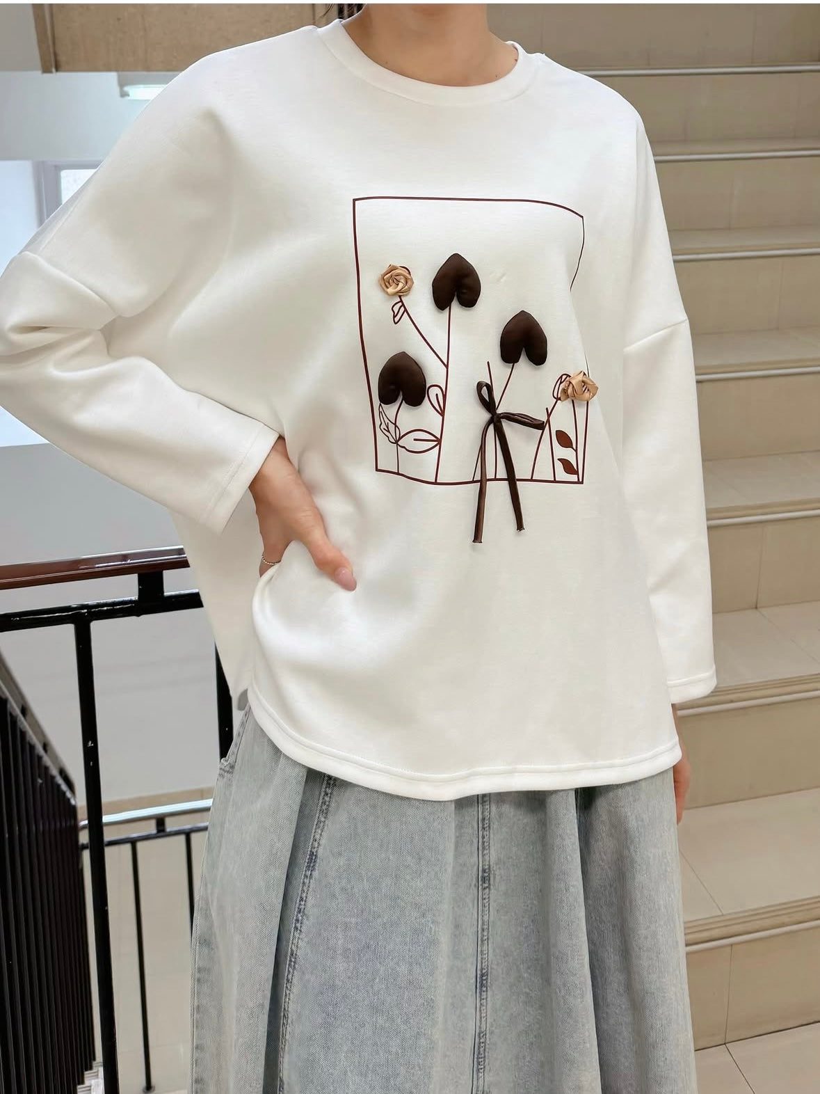 ハートリボンラインプリント長袖TOPS