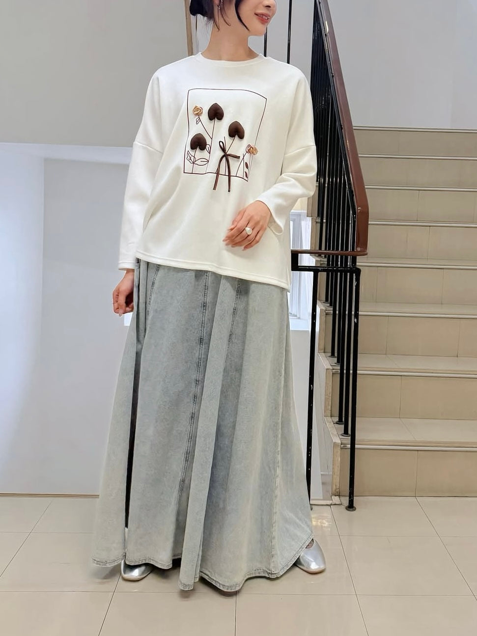 ハートリボンラインプリント長袖TOPS