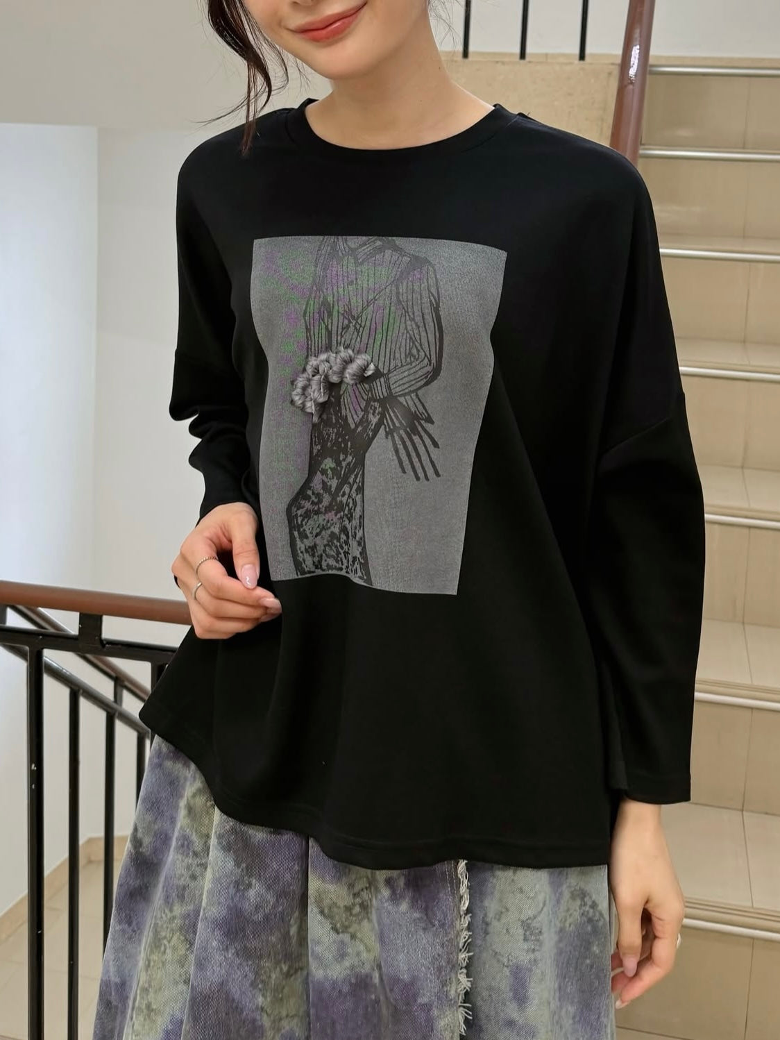 立体花束プリント長袖TOPS