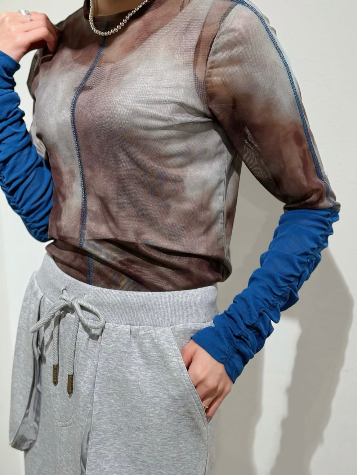 袖口配色プリントチュールTOPS