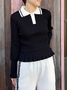 ランダムリブフリルポロニット