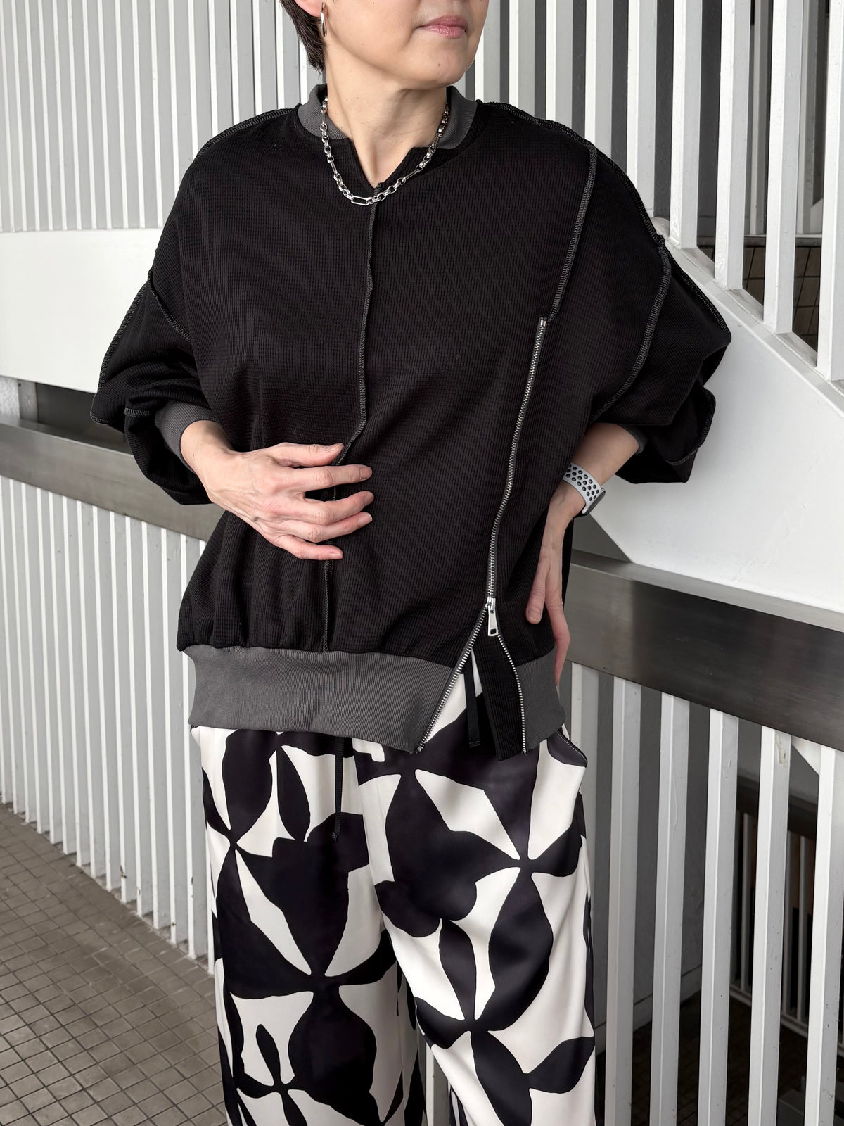 ZIPデザインワッフルプルオーバー