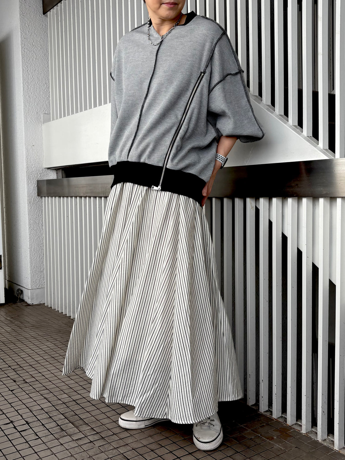 ZIPデザインワッフルプルオーバー