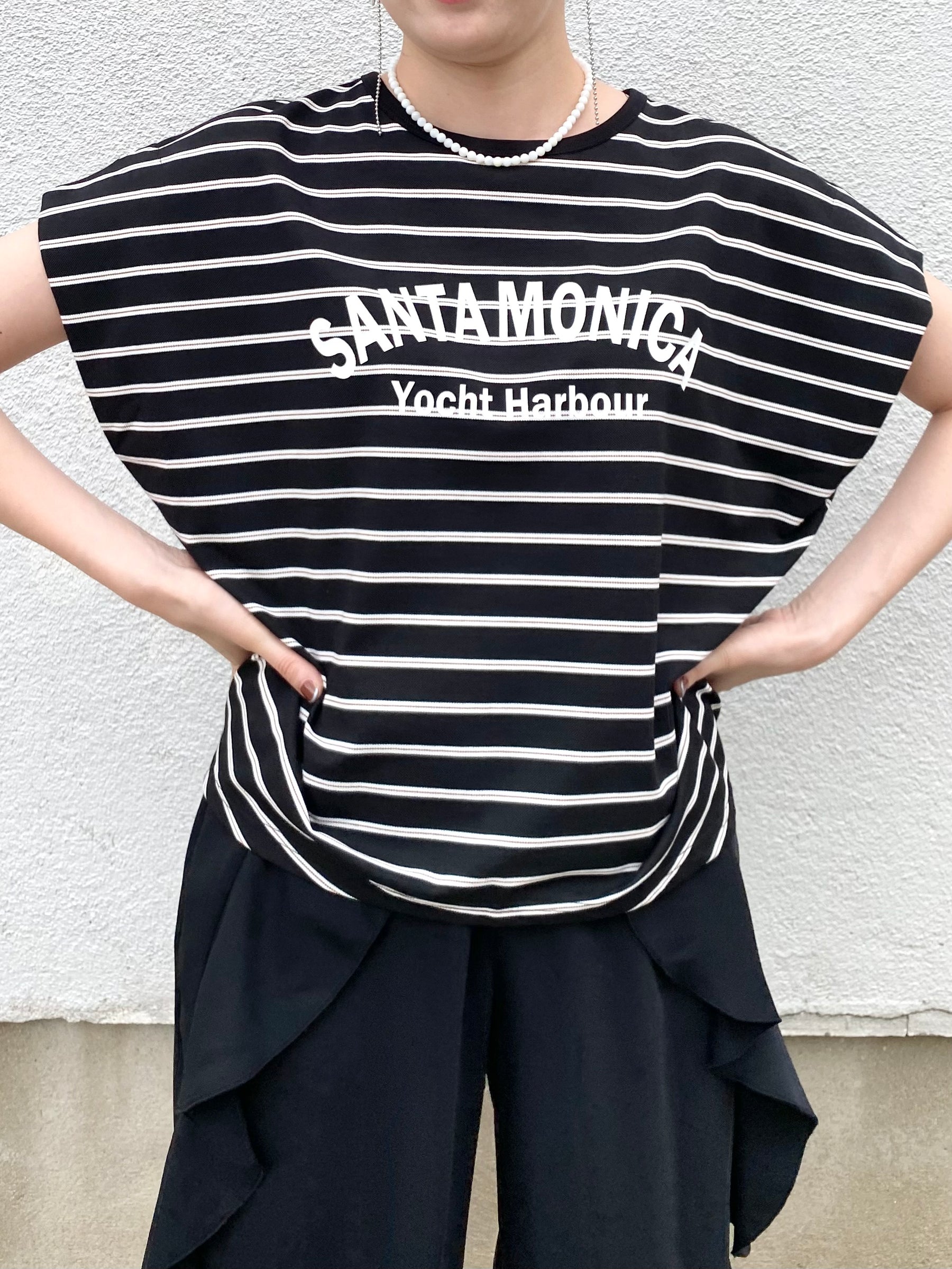ボーダー肩タックドレープロゴT