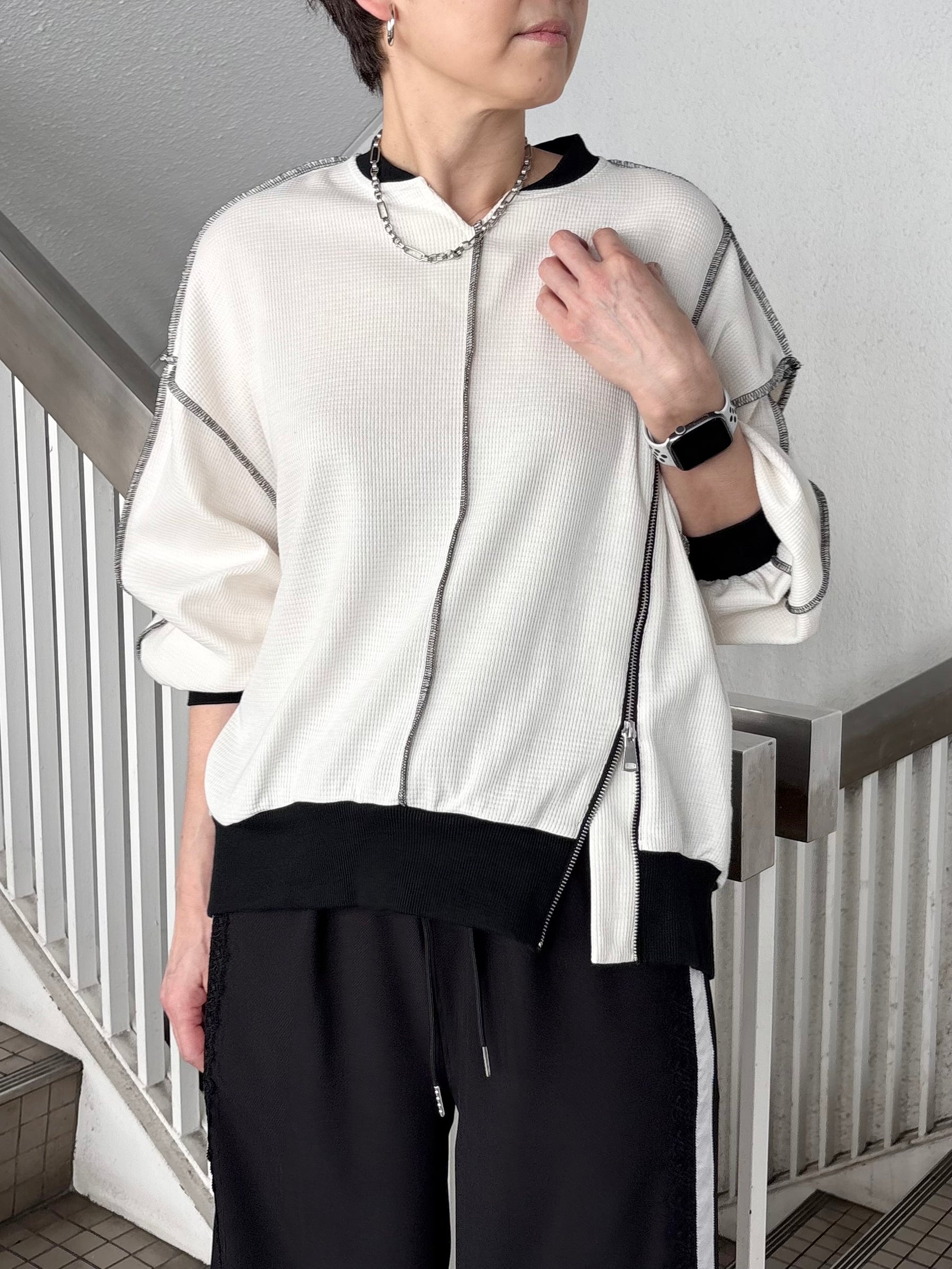 ZIPデザインワッフルプルオーバー