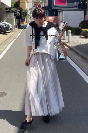 MONiLE (モニーレ) ストライプチュールサイドラインスカート 002729　オフシロ