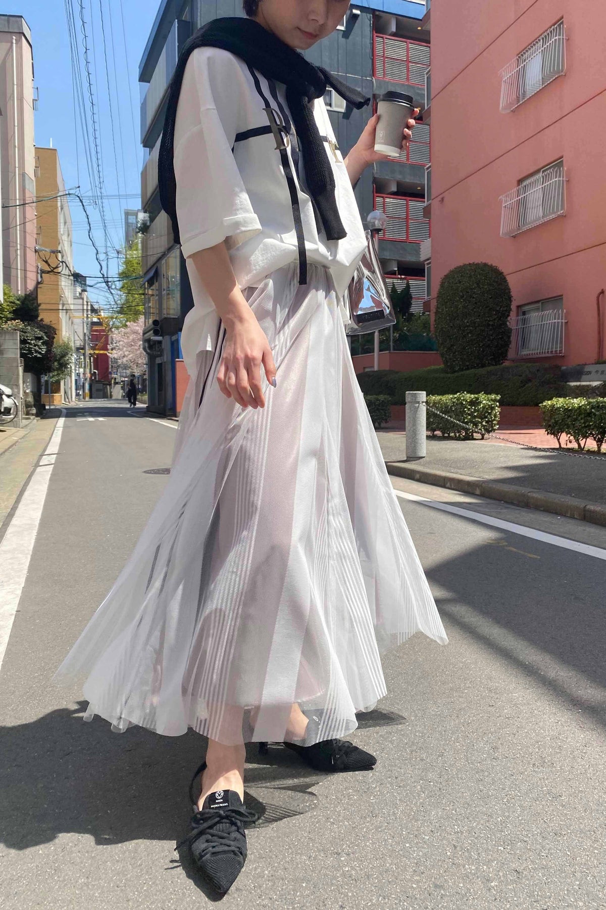 MONiLE (モニーレ) ストライプチュールサイドラインスカート 002729　オフシロ
