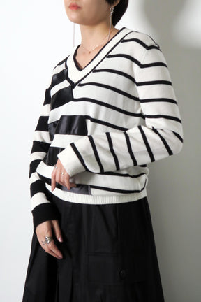 paulinebleu (ポリーヌブロー) アシメ 異素材 ボーダー Vネックニット 35097