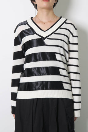 paulinebleu (ポリーヌブロー) アシメ 異素材 ボーダー Vネックニット 35097