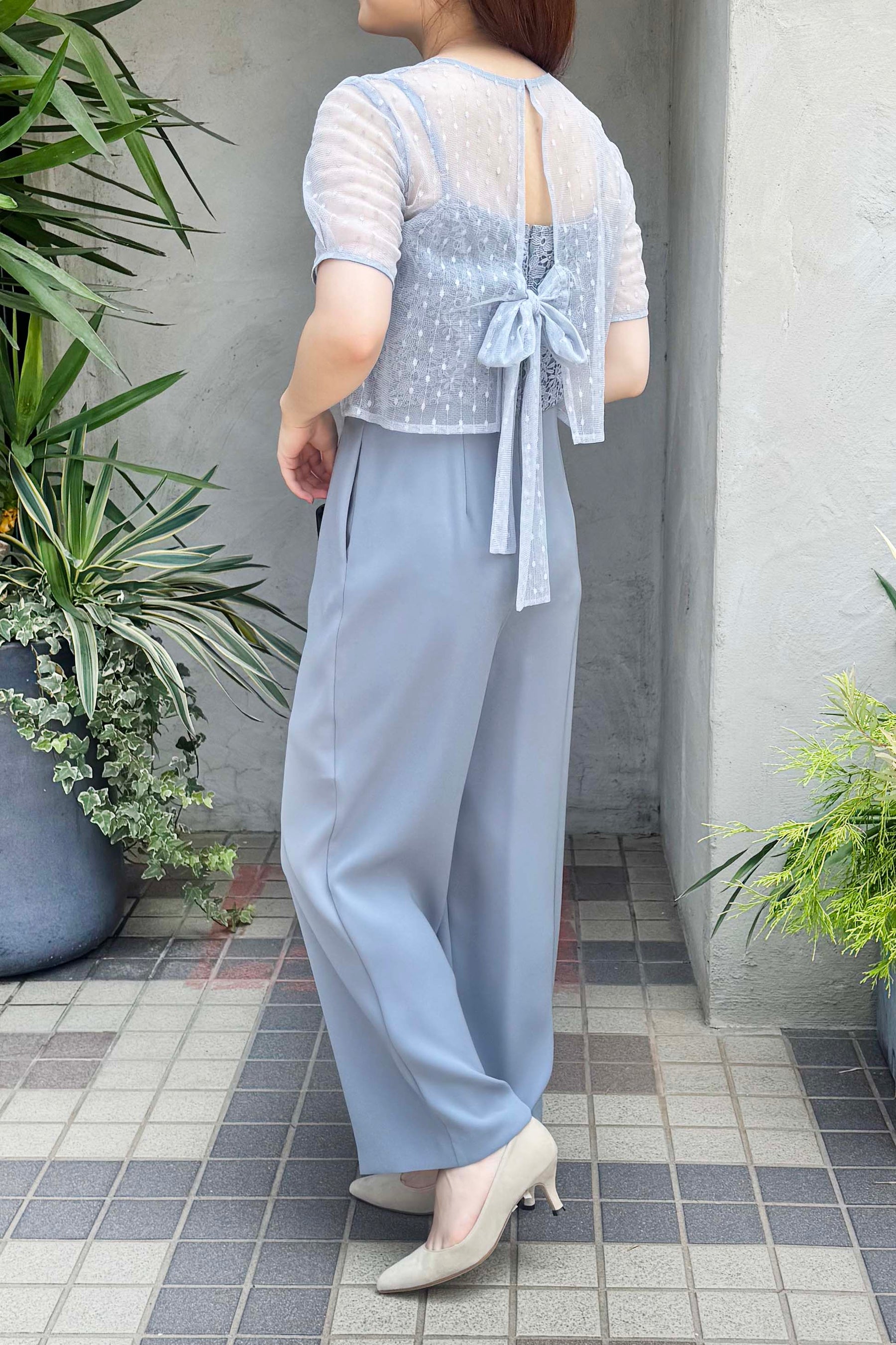 Kaene(カエン)バックリボンレースミックス 100586　サックス