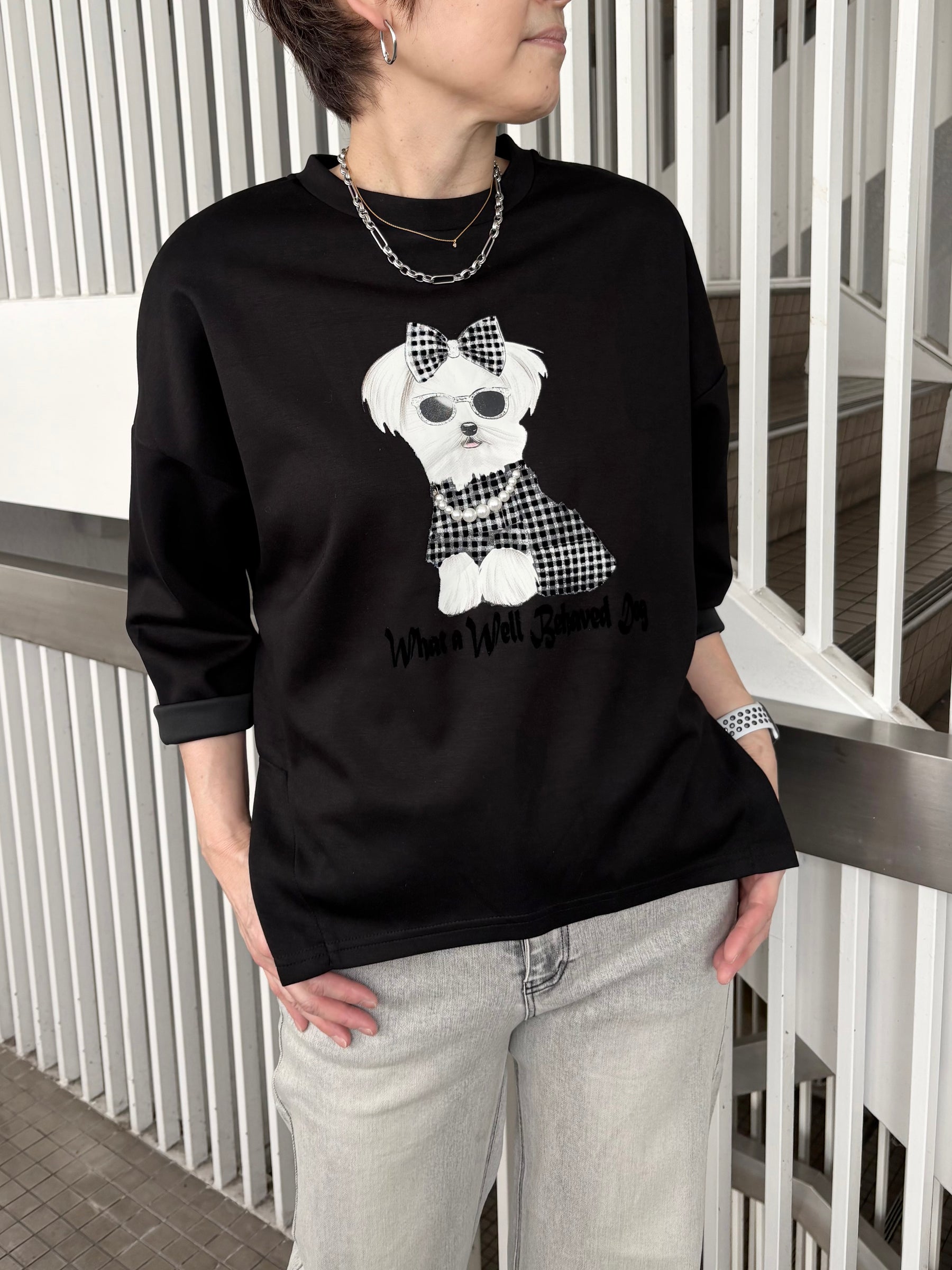 犬プリントパール付長袖TOPS