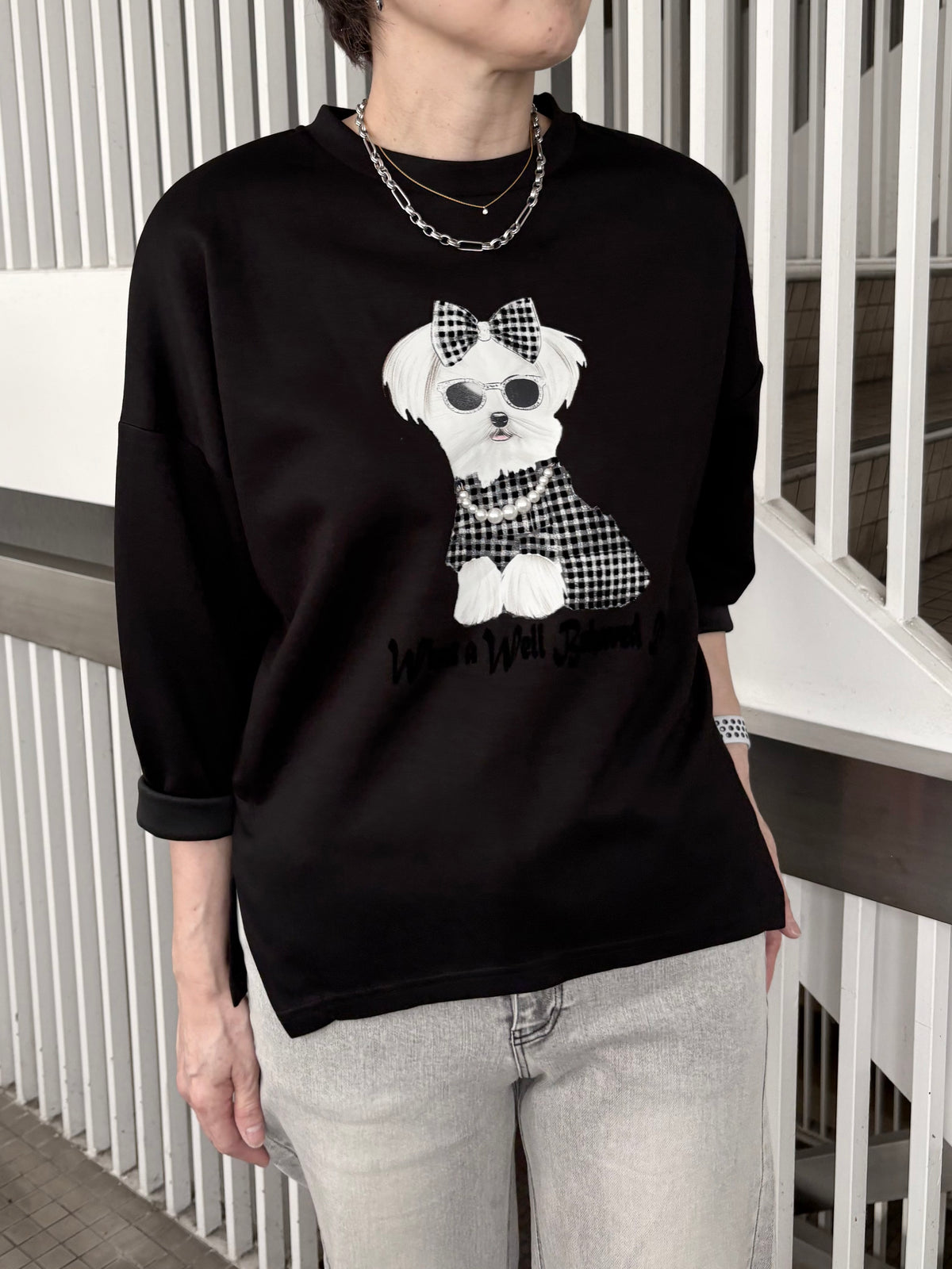 犬プリントパール付長袖TOPS