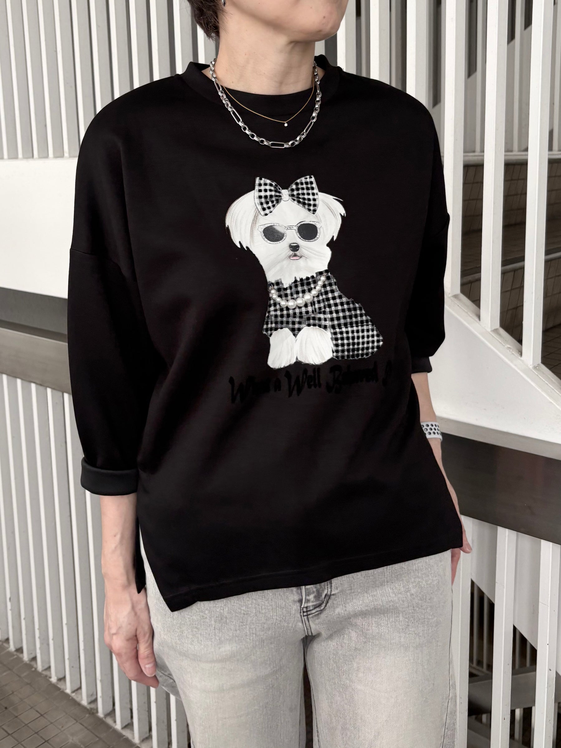 犬プリントパール付長袖TOPS