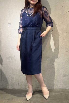 Kaene(カエン) レース×ジャガードワンピース 100476 /格安/セール　ネイビー