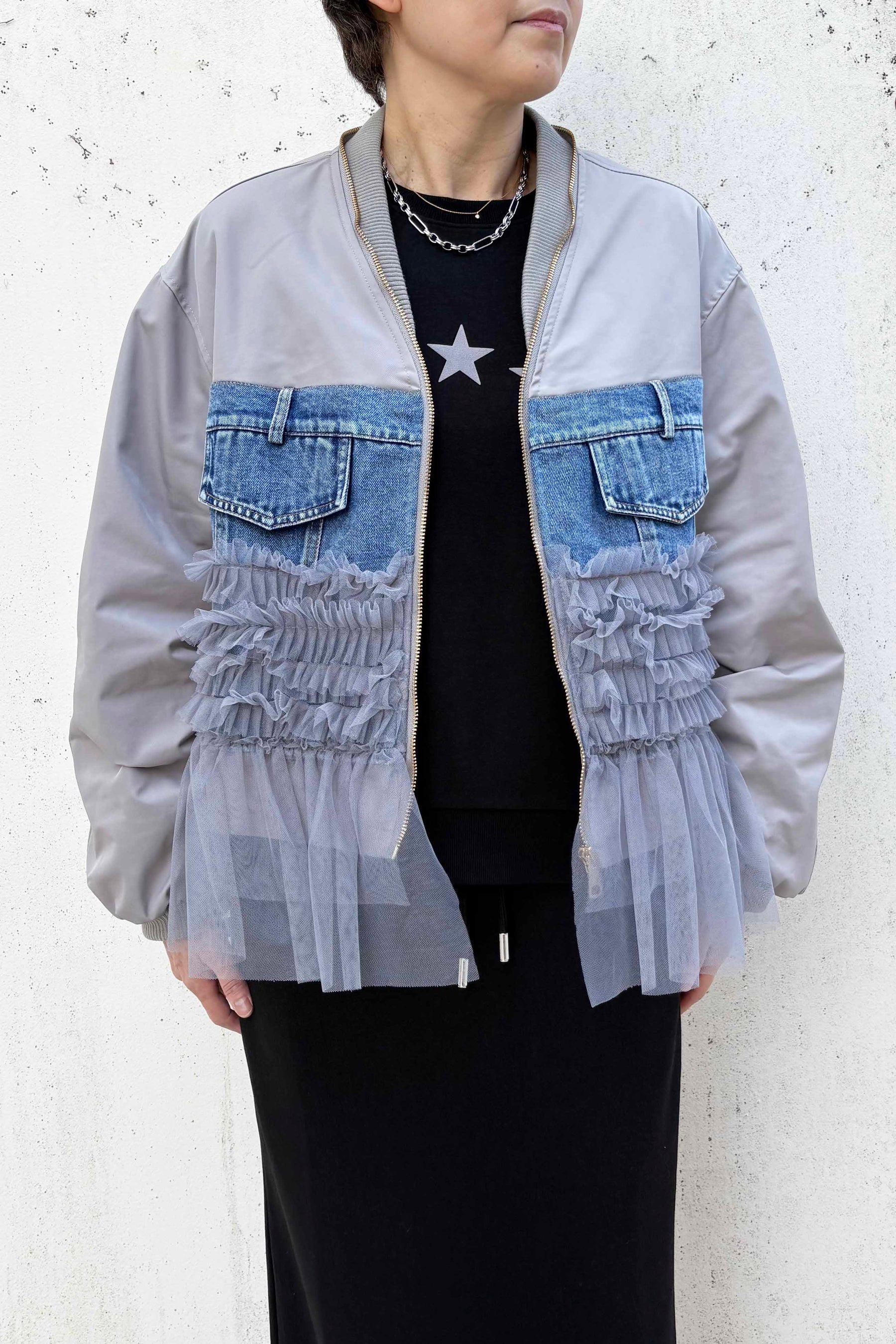 デニムドッキングチュールブルゾン