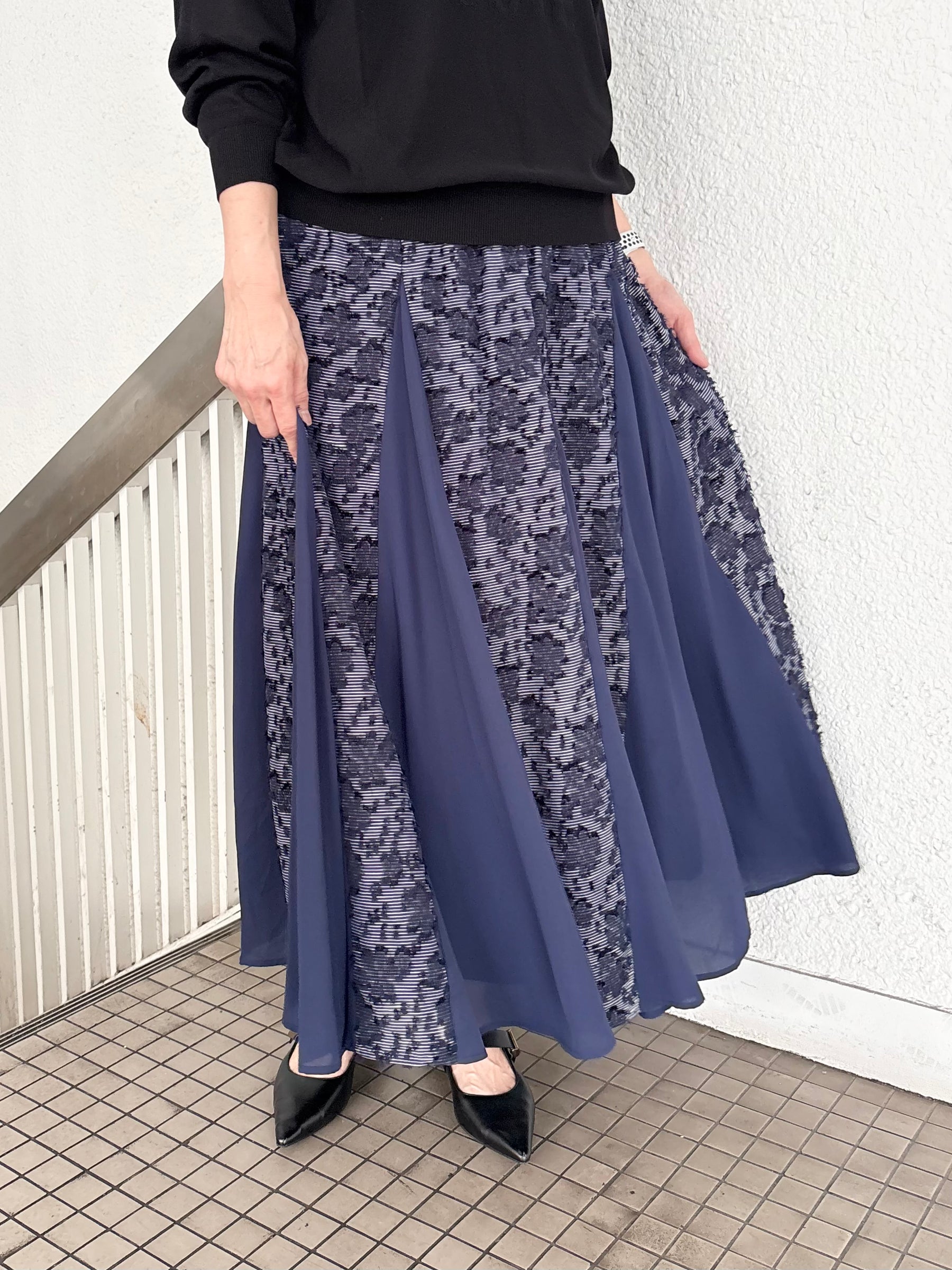 ジャガードレース×シフォン切替スカート