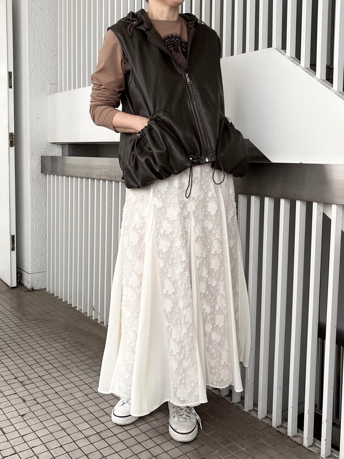 ジャガードレース×シフォン切替スカート