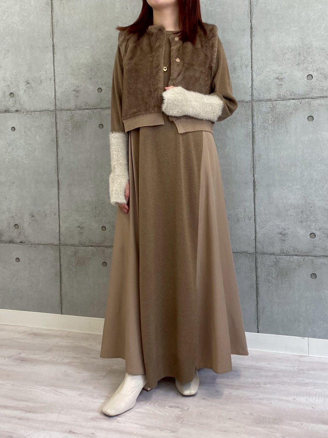 袖シャギー布帛切替ワンピース