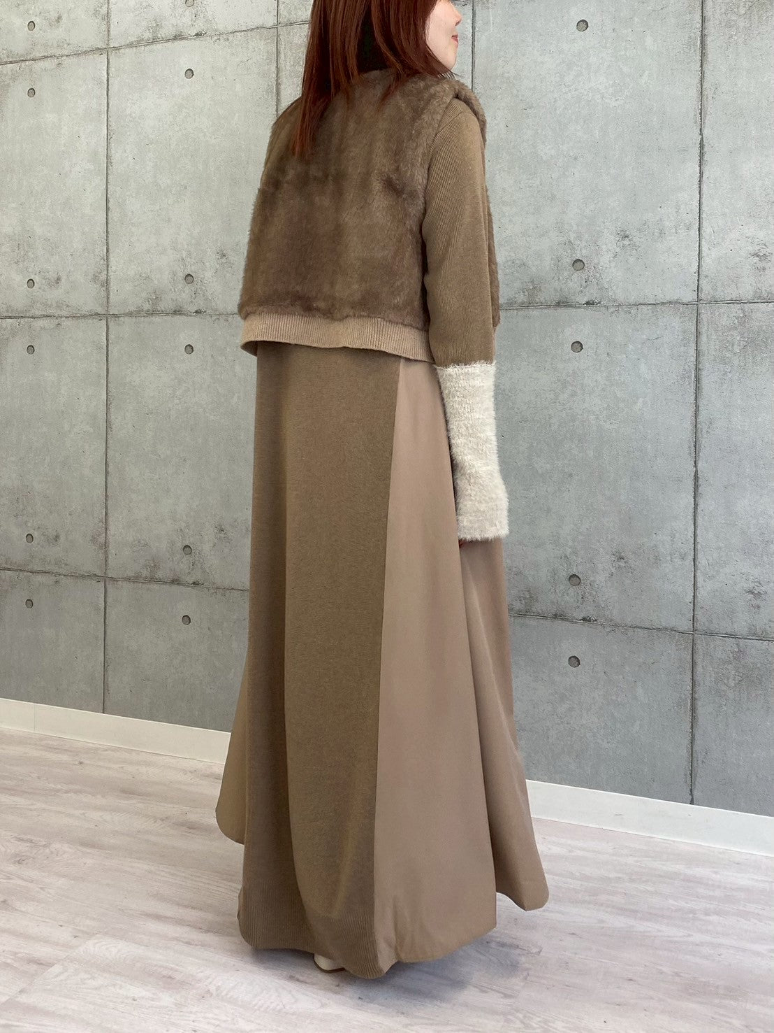 袖シャギー布帛切替ワンピース