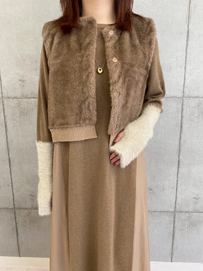 袖シャギー布帛切替ワンピース