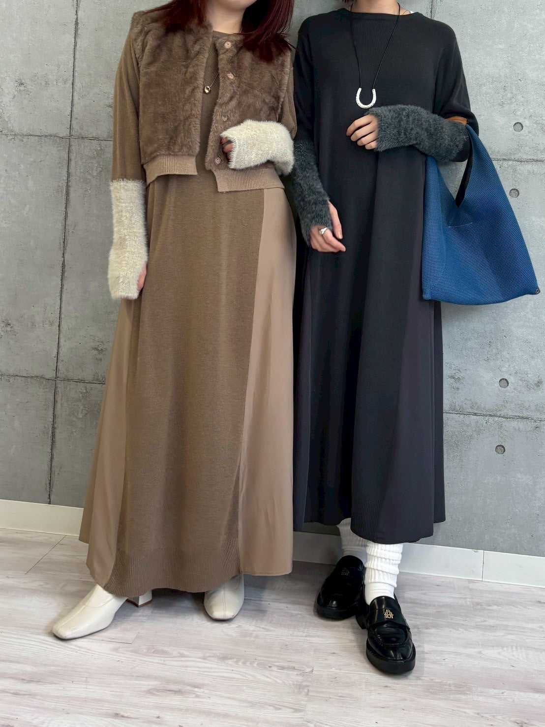 袖シャギー布帛切替ワンピース