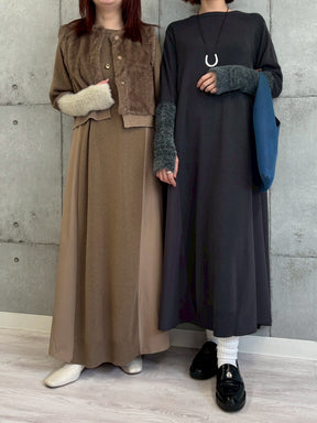 袖シャギー布帛切替ワンピース