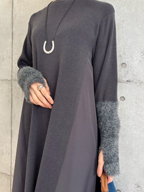 袖シャギー布帛切替ワンピース