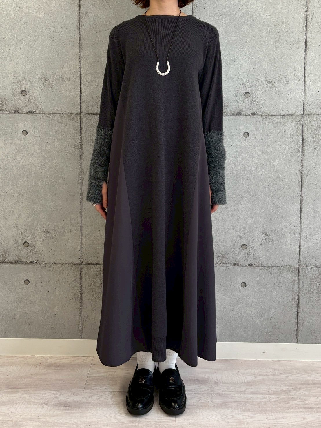 袖シャギー布帛切替ワンピース