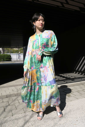 PaulineBleu ポリーヌブロー　ブラシアート柄 リゾート　ティアード ワンピース 長袖　モネ　水彩　ドット