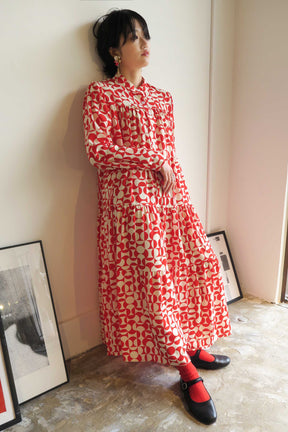 PaulineBleu ポリーヌブロー　赤　ジオメトリック柄 リゾート　ティアード ワンピース 長袖　ドット
