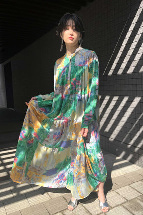 PaulineBleu ポリーヌブロー　ブラシアート柄 リゾート　ティアード ワンピース 長袖　モネ　水彩　ドット
